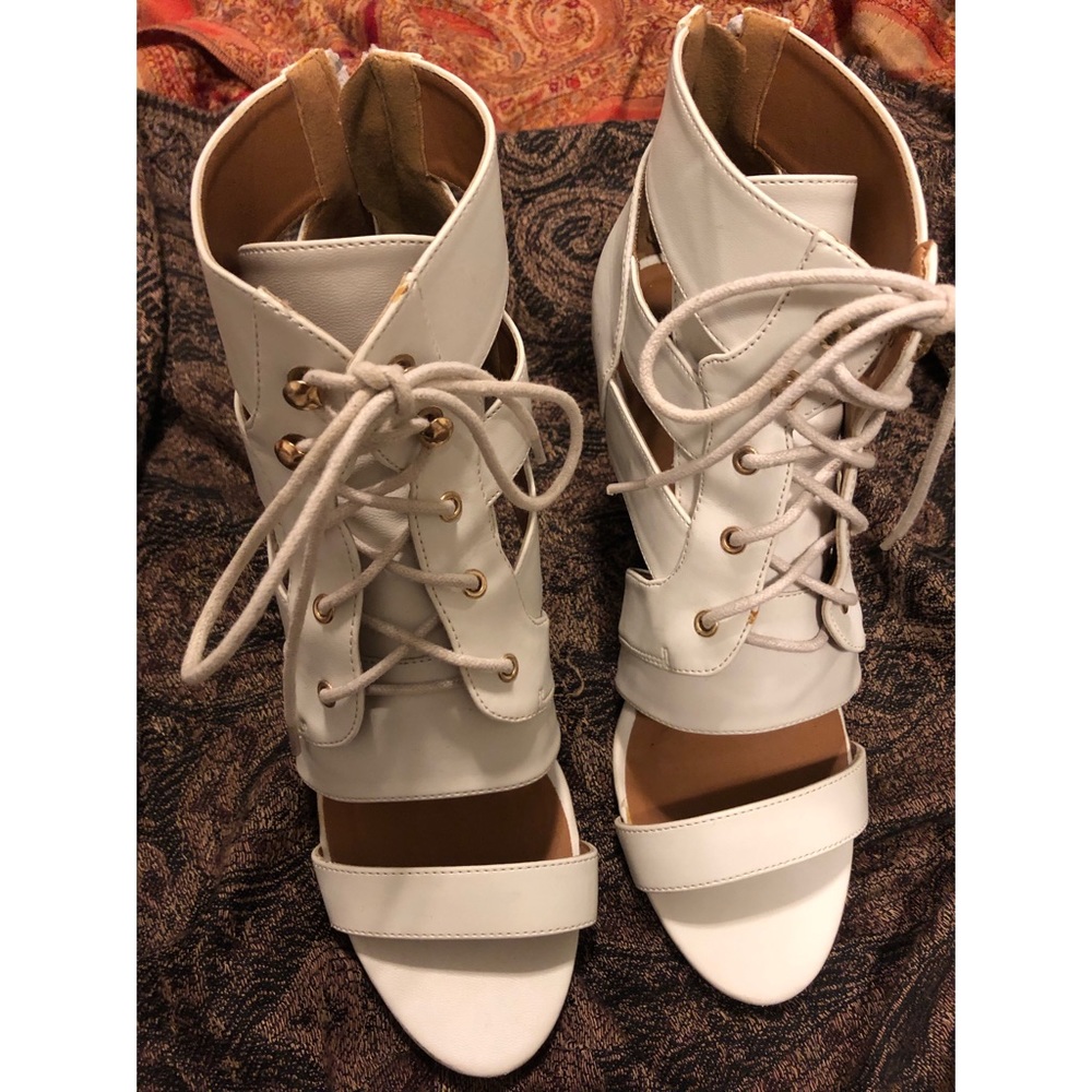 White Lace Up Wedges